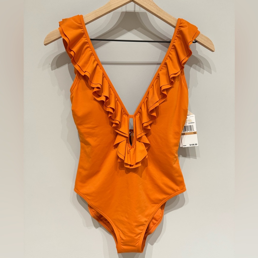 Michael Kors Orange Ruffled One-Piece Swimsuit